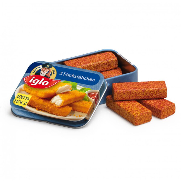 Erzi Fischstäbchen von Iglo aus Holz in der Dose
