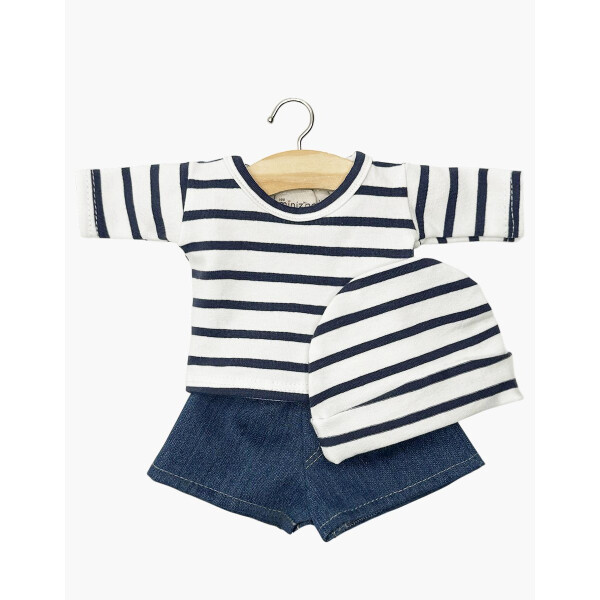 Minikane Set aus marineblau gestreiftem Matrosenoberteil, Jeansshorts und Hut