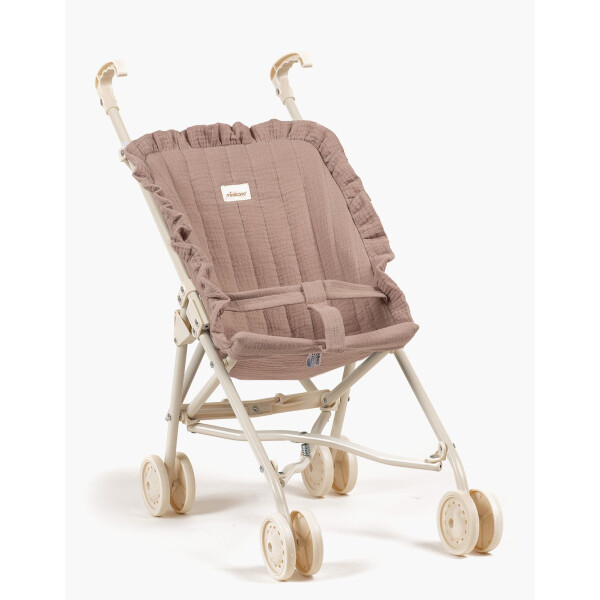 Minikane Puppenwagen mit Rüschen aus kittfarbener Baumwollgaze auf weißem Gestell