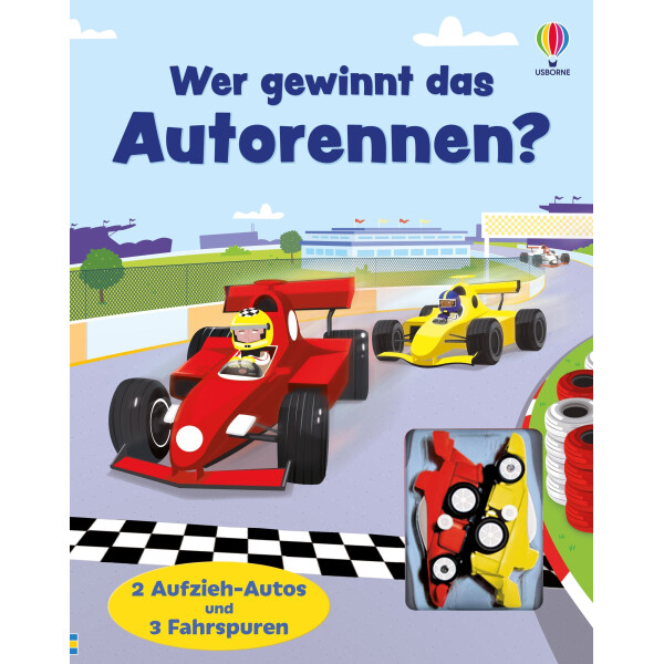 Usborne Verlag Wer gewinnt das Autorennen? mit zwei Aufziehautos